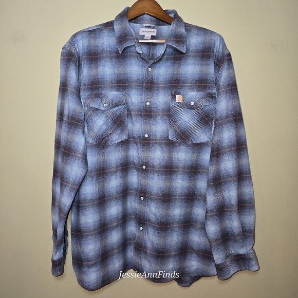 Carhartt Steel Blue Plaid Rugged Flex Hamilton Pearl Snap Flannel Shirt Size 2XL - Picture 9 of 11